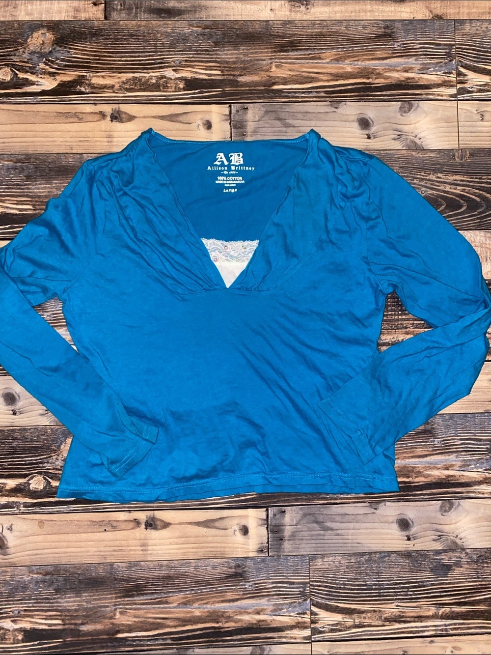 Allison Brittney Y2K Teal Long Sleeve V-Neck Top with Lace Trim